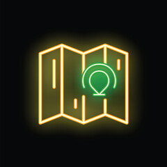 Poster - glowing neon line folded map with location marker icon isolated on black background. vector