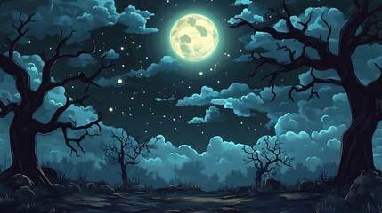 Wall Mural - eerie night sky backdrop featuring a full moon and drifting clouds.
