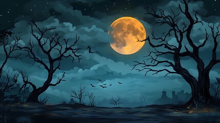 Wall Mural - haunting nighttime sky scene with a bright full moon and wispy clouds.