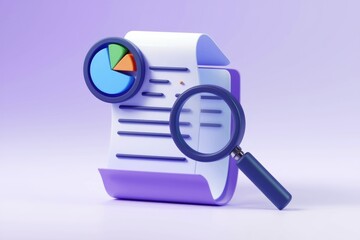Poster - 3D render of document analysis: pie chart, magnifying glass symbolizes data examination and insights.