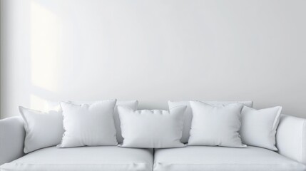Poster - Modern minimalist sofa with white pillows on neutral background ideal for interior design and advertising purposes with ample empty space for text