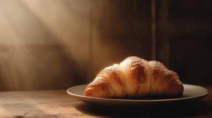 Poster - Freshly baked golden croissant on a plate with soft lighting and ample copy space for text or branding in a rustic setting