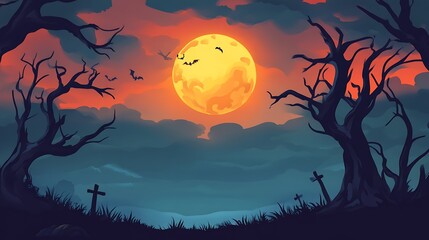 Wall Mural - mysterious evening sky filled with a glowing full moon and floating clouds.