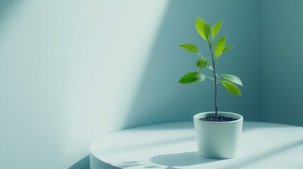 Poster - Minimalist interior with green potted plant on white table against soft blue background highlighting tranquility and simplicity for design concepts
