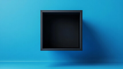 Poster - Empty Black Square Frame on Blue Wall Minimalist Modern Design Background 3D Clean Shape Space Color