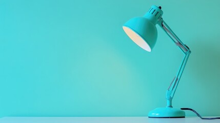 Poster - Close up of Blue Desk Lamp on Vibrant Green and White Background with Ample Copy Space for Text and Design Elements