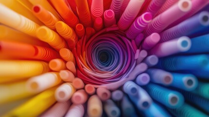 Poster - Vibrant spiral of colorful markers showcasing bright hues against a blurred background with ample copy space for design or text placement.