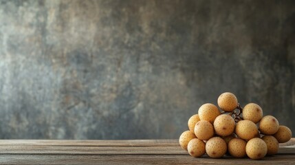 Aufkleber - Fresh longan fruit cluster on rustic wooden table with textured background and ample space for adding text or branding elements.