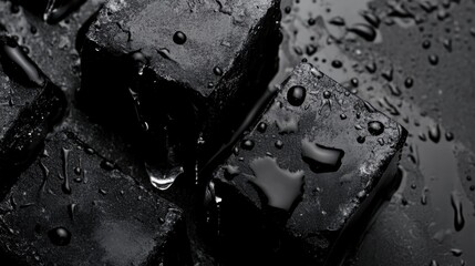 Aufkleber - Close up of dark ice cubes with water droplets on a textured surface creating a minimalist backdrop for promotional text or designs