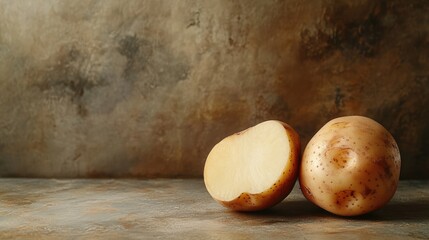 Poster - Close up of halved tan potatoes on textured background with ample empty space for text and design elements in food photography concept