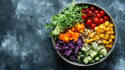 Poster - Vibrant salad bowl with colorful fresh vegetables and empty space for customizable text on textured background
