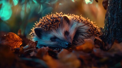 Poster - Close Up of a Sleeping Hedgehog Curled Up in Autumn Leaves with Soft Focus Background and Space for Text Overlay