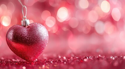 Poster - Glittering red heart ornament on a soft pink background ideal for holiday designs with space for personalized text or messages