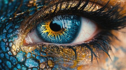 Aufkleber - Detailed close-up of a vibrant blue eye showcasing intricate textures and reflections with ample space for text overlay