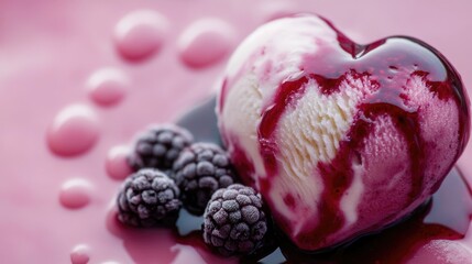 Poster - Heart shaped ice cream drizzled with mixed berry sauce surrounded by blackberries on a vibrant pink background with space for text