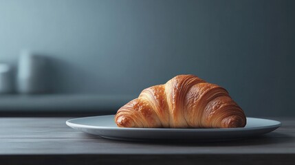 Poster - Freshly baked croissant on a plate with soft lighting and empty space for text in a cozy kitchen setting