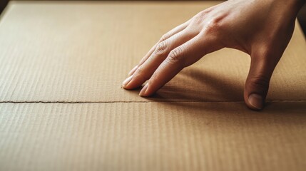 Poster - Hand gently touching textured surface of a cardboard box with ample empty space for text in a warm, inviting atmosphere