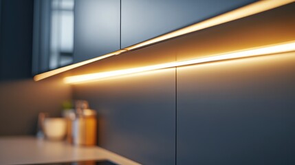 Poster - Modern kitchen cabinet detail with integrated lighting showcasing sleek design and ample copy space for branding or advertising purposes