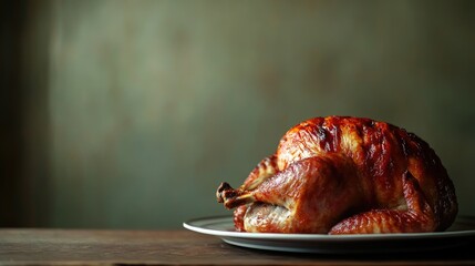 Poster - Close up of a beautifully roasted pork on a plate showcasing its crispy skin with ample empty space for food-related text or recipes
