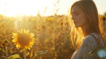 Aufkleber - Serene Young Woman Contemplating Sunflower in Golden Light During Sunset in Lush Field with Empty Space for Text