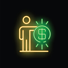 Poster - Neon icon of a businessman holding a bright idea light bulb with a dollar sign inside