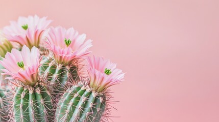 Poster - Cactus with delicate pink flowers on soft pink background providing ample space for text and design elements in a peaceful setting