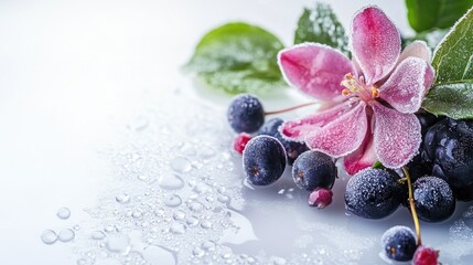 Poster - Frosted flower and berries with water droplets on white background featuring ample copy space for text and branding purposes