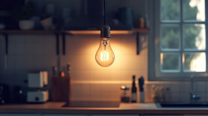 Poster - Vintage kitchen lightbulb close up with warm glow creating an inviting atmosphere and ample empty space for text or graphic overlay