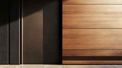 Poster - Contemporary sliding door detail with sleek handle and natural wood finish showcasing elegant design and empty space for customized text
