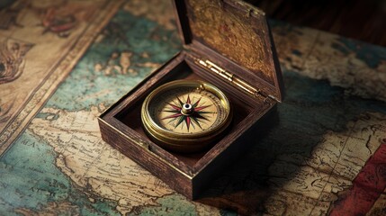 a compass rests on an old map.