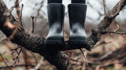 Poster - Rubber Boots Resting on Tree Branches with Empty Space for Text in a Natural Outdoor Setting