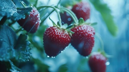Poster - Close Up of Fresh Hydroponic Strawberries with Water Drops in Greenhouse Ideal for Nature and Agriculture Related Content