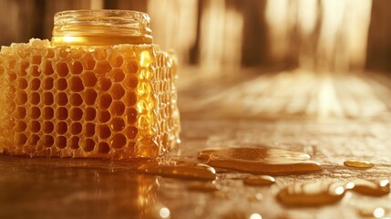 Aufkleber - Honey dripping from wooden honeycomb with a glass jar on a rustic surface creating an inviting atmosphere for natural sweetness and recipes