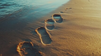 Poster - Footprints on sandy beach at sunset with calm waves and plenty of negative space for text or promotional content