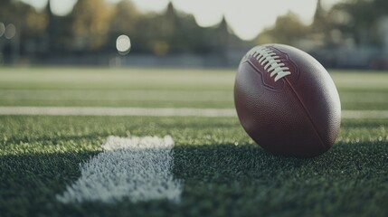 Wall Mural - Close up of a football on artificial turf with field lines and goalposts featuring ample space for text and advertising purposes