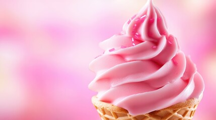Poster - Close up of ice cream cone featuring bright pink creamy topping with smooth blurred background for promotional text and branding purposes