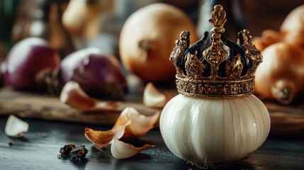 Aufkleber - Elegant still life with Iberian black crown atop white onion surrounded by assorted vegetables and empty space for text or design elements