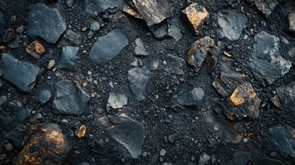 Aufkleber - Close up of textured asphalt gravel stone pavement with dark tones and space for text or graphic overlay in a construction or road context