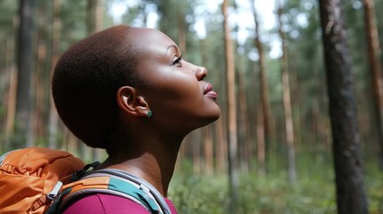 Wall Mural - A woman with a backpack gazes upward in a serene forest, surrounded by tall trees, enjoying nature and the outdoors.