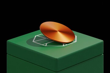 Poster - A metallic orange disc rests atop a green box with a geometric outline, creating a minimalist, modern design.