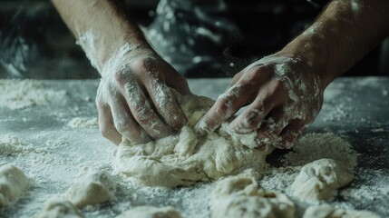Fototapete - Hands kneading dough on a floured kitchen table with a focus on bread preparation and ample empty space for text or branding elements