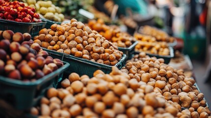 Poster - Close up of fresh hazelnuts in baskets at a market showcasing vibrant produce with ample blank space for promotional text or branding
