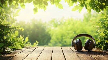 Poster - Close up of headphones on wooden table in nature with lush greenery and soft sunlight creating serene atmosphere for relaxation and music enjoyment