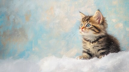 Aufkleber - Fluffy kitten exploring snowy landscape against soft pastel background with ample copy space for text and creative design elements