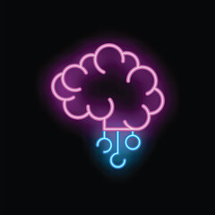 Poster - Glowing neon brain with three question marks hanging from it on wires, symbolizing the process of thinking and problem solving