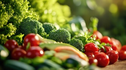 Poster - Vibrant assortment of fresh vegetables including broccoli cherry tomatoes and greens perfect for health and nutrition concepts with copy space
