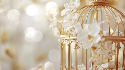 Poster - Elegant gold and white birdcage decorated with flowers and soft bokeh background providing ample space for text or creative design elements