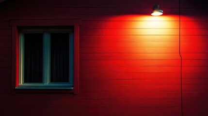 Poster - Illuminated spotlight on red house exterior at night creating dramatic ambiance with space for text overlay