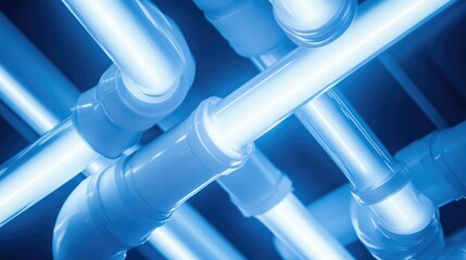 Fototapete - Illuminated white plastic pipes intersecting with a dark background and ample empty space for text or graphics in a modern industrial setting