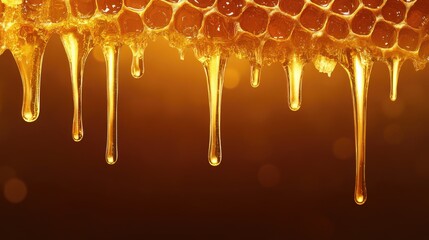 Aufkleber - Close up of golden honey dripping from honeycomb with warm background and ample empty space for text and creative design elements